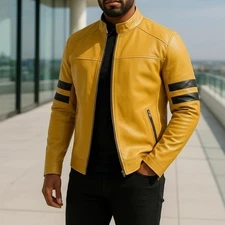 Men's Yellow Leather Jacket Genuine Lambskin Motorcycle Biker Jacket Black Strip