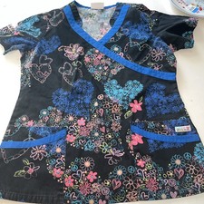 UA Scrubs Women's Distressed Small Black Floral Print V-Neck Scrub Top T7