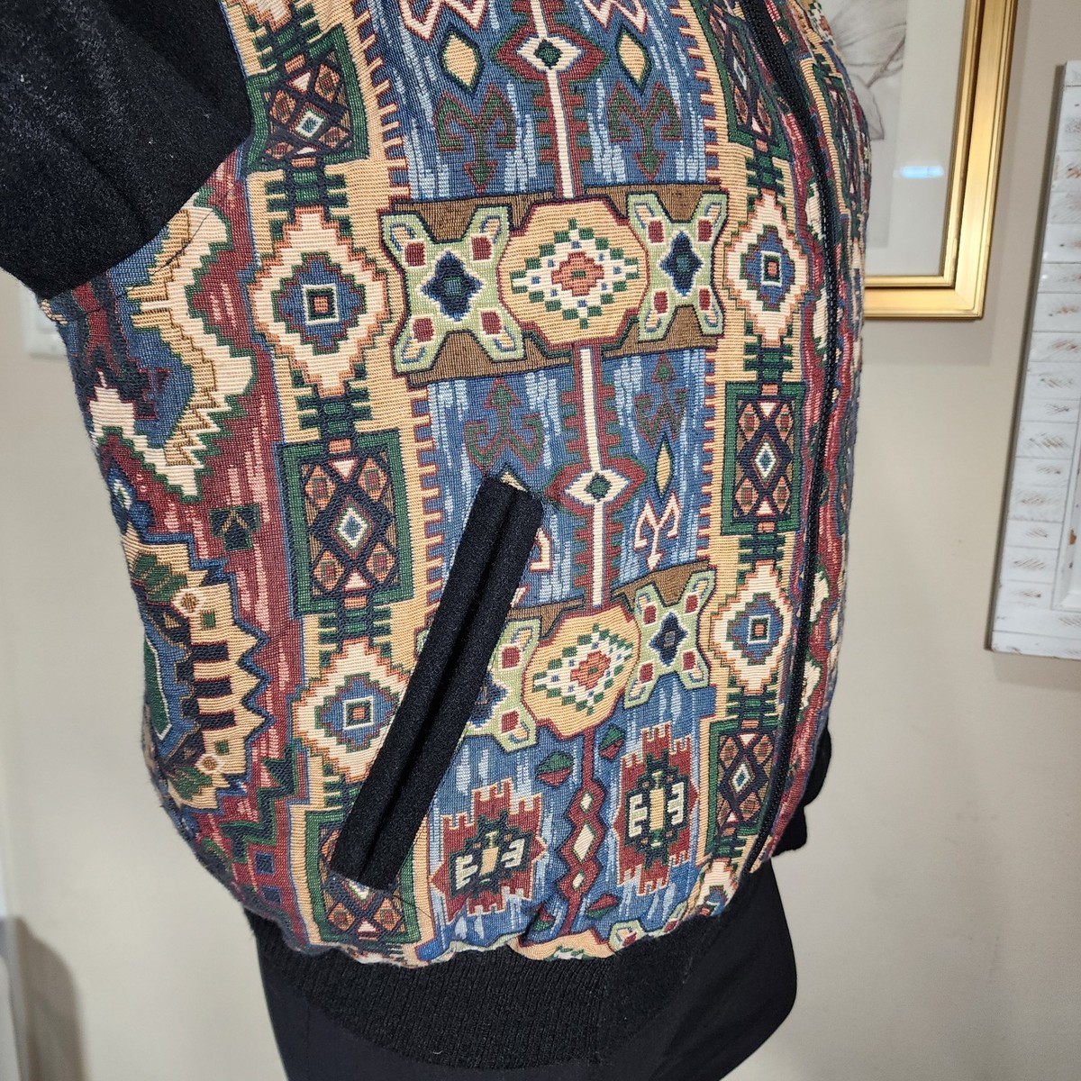 Bee-Wild Tapestry Wool Bomber Jacket Vtg Oklahoma USA Unisex Medium View 5