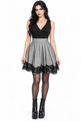 Y2K Max Rave Gothcore Gray Black Lace Pleated Faux Wrap Mini Dress M