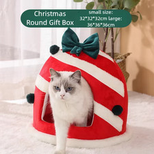 Winter Closed Cat Nest Christmas Gift Box Sleeping House for Cats Dogs Soft Warm