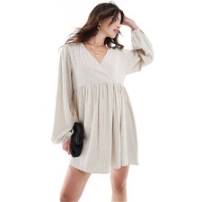 NWOT ASOS DESIGN Beige Smock Pinstripe Long Sleeve Mini Dress Sz 8 Boho Chic