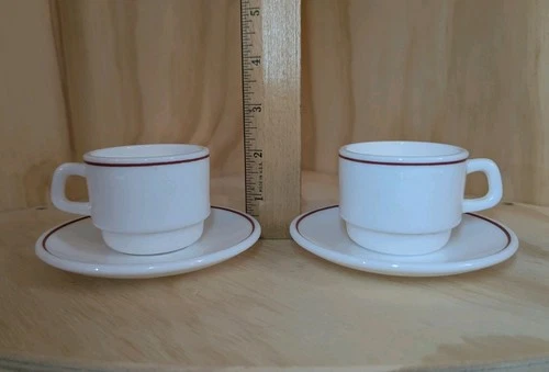 Set Of 2 Vintage ARC Arcopal White Milk Glass Coffee Cups And Saucers