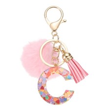 Alphabet Initial Letter C Keychain, Cute Tassel Fur Ball Pom Key Chain, Pink
