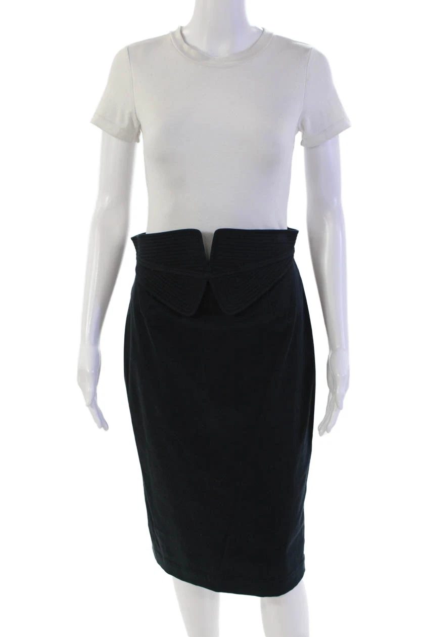 Charles Chang-Lima Womens Cotton Quilted Waistband Pencil Skirt Blue Size 28"