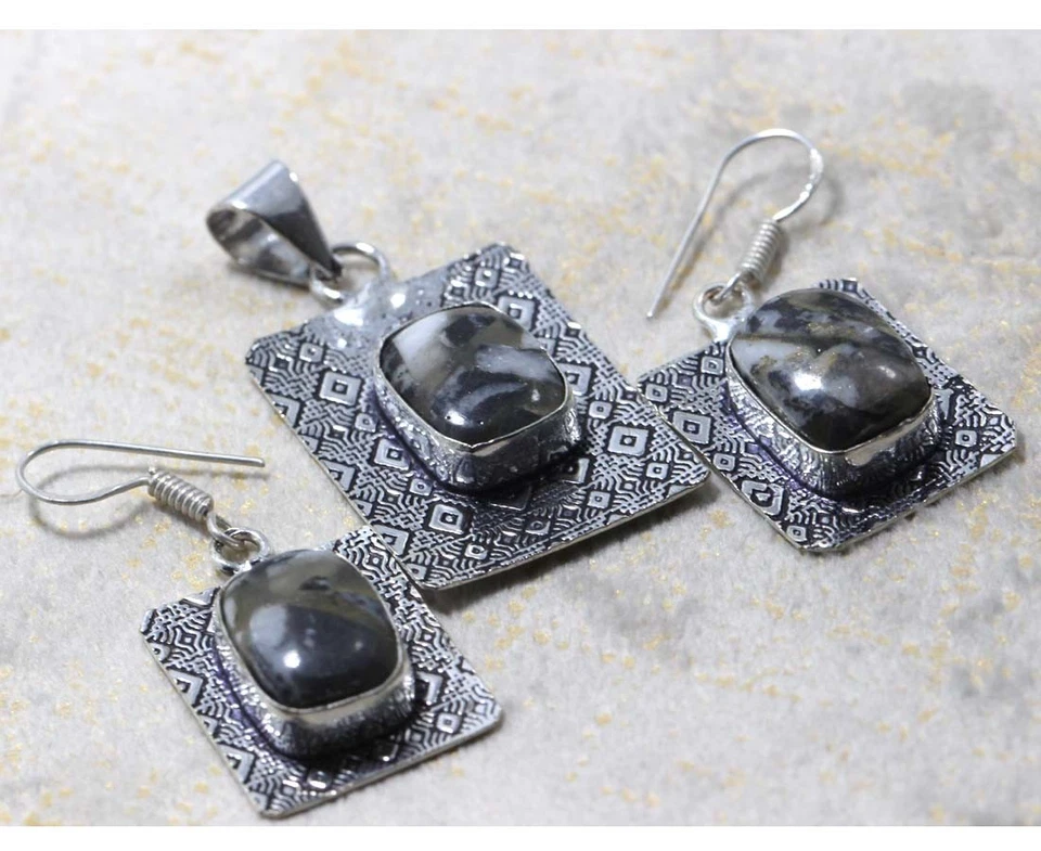 Copper White Buffalo Turquoise Gemstone Pendant Earrings Set 1.7|1.6" AU I466