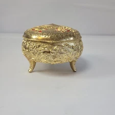 Vintage Ornate Gold Tone Trinket Jewelry Music Box Red Velvet Roses Ornate Legs