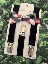 New Suspender and Bow Tie Set for Boys Child Children Plaid Pink Blue Baby