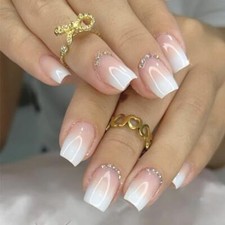 French Tip Press on Nails White Square Short Square  RhinestoneGradient Design