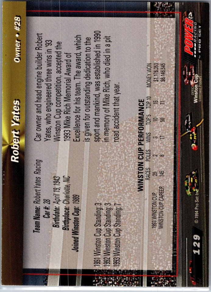 1994 Power #129 Robert Yates Gold Cup '94 - Image 2 of 2