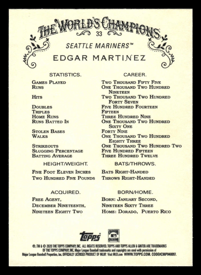 2020 Topps Allen & Ginter X Edgar Martinez #33 - Image 2 of 2