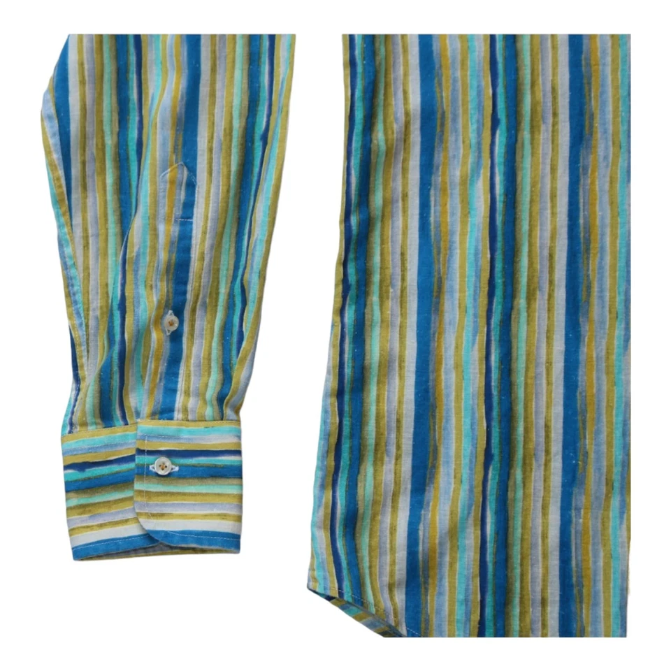 $165 New Ingram Button Casual Shirt Men's Large L Blue Gold Striped LINEN Cotton - Image 4 of 4