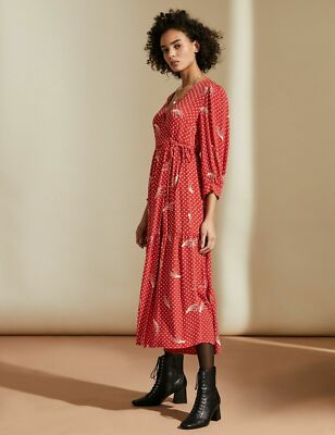 M&S X GHOST Red White Star Dots Spots Midaxi Long Wrap Dress Size NEW  UK