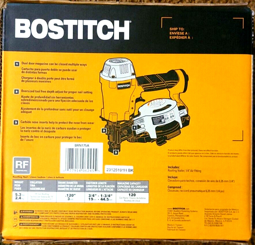 Bostitch BRN175A 15-Degree Pneumatic Coil Roofing Nailer  * SEALED - BRAND NEW *