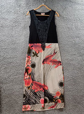 Sarah Jane Womens Midi Pencil Dress Size M Black Beige Orange Stretch Knit