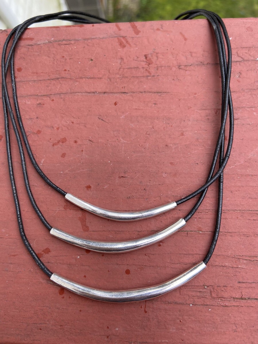 Vtg Sterling Silver 925 Silpada Black Leather Cord Strand Bar 