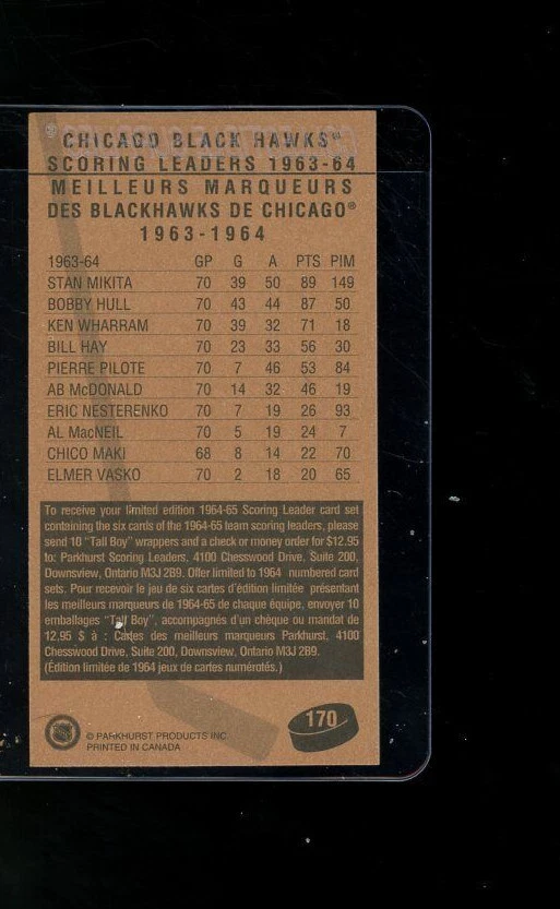 1994 Parkhurst Parkies 1964-65 Design Tall Boys Stan Mikita #170 - Image 2 of 2