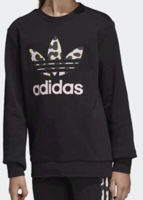 adidas Originals Girl's Leopard Crew Terry Fleece Pullover Sweatshirt Black Sz L