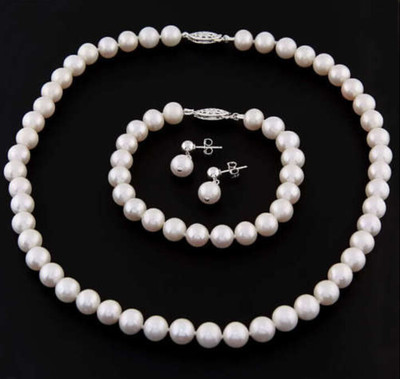 8-9mm Genuine Natural White Freshwater Pearl Necklace Bracelet Earrings Set 18"