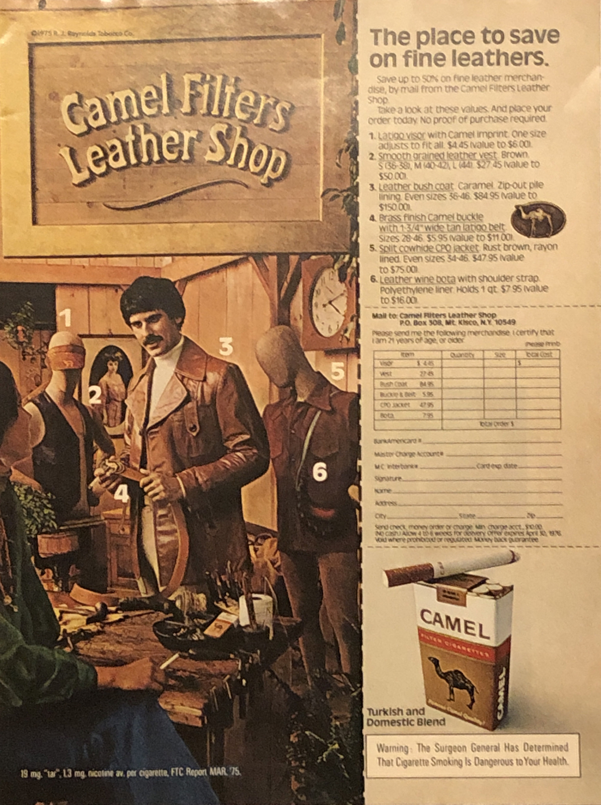 1975 Camel Filters Cigarettes PRINT AD Leather Shop Mail Order Promo VTG 1970s
