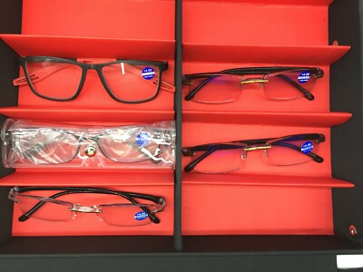 Lot of 5 Assorted Reading Glasses Strength +4.00, Different Colors, Styles