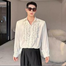 Men's Youth Fashion Satin Victorian Falbala Long Sleeves Retro Casual Shirt