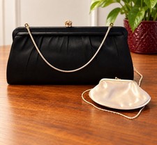 Vintage H1 USA Black Satin Evening Bag, Purse Handbag with Coin Purse Chain 60's