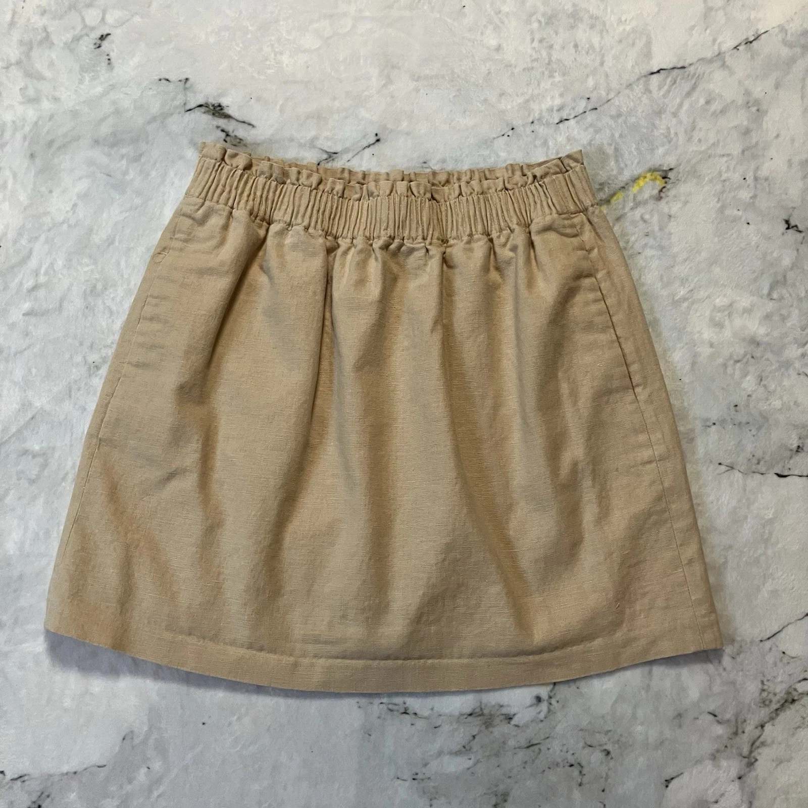 J. Crew Sidewalk Skirt Womens Sz 2 Beige Linen Blend Pull On Lined Elastic Waist