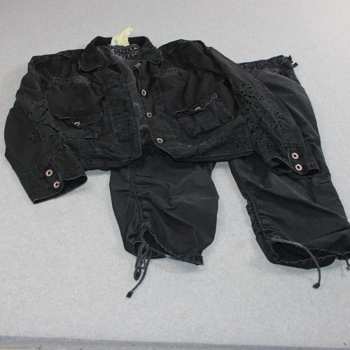 Vintage Da-Nang Jacket Pants Outfit Women Large Black Boho Crop Flower Set Y2K