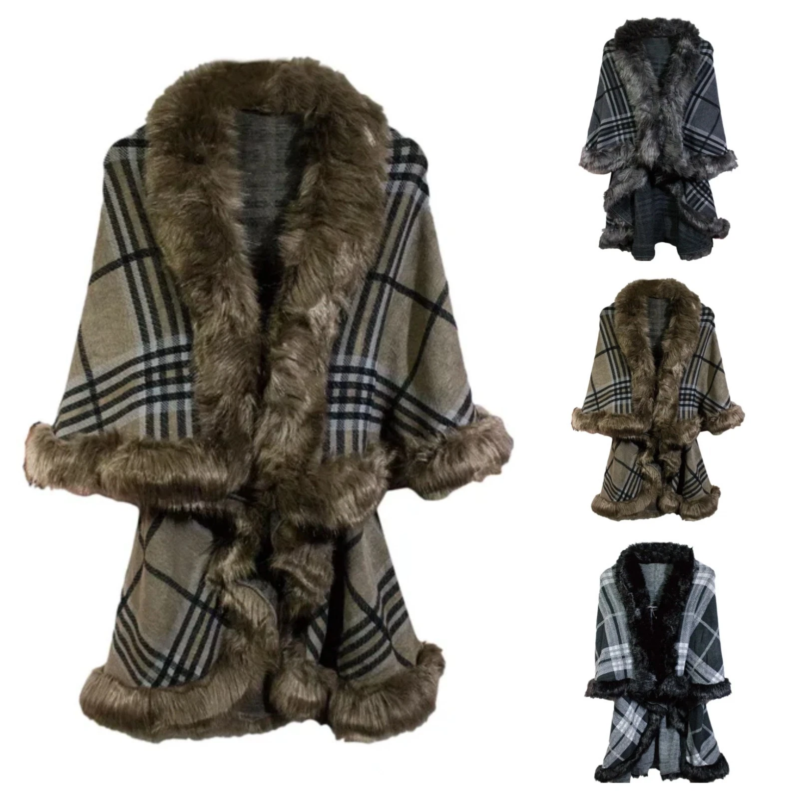 Women's Faux Fur Shawl Check Pattern Ladies Poncho Wrap Shawl Jacket Warm Coat