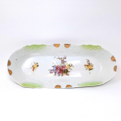 Antique Serving Dish Asparagus Celery Rose Floral Oblong Vanity Tray Cottagecore