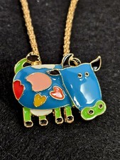 Vintage Betsey Johnson Colorful  Necklace Abstract Cow 24” Length Gold Tone VGC