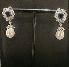 Blue Sapphire like Zircon Square Cut Cluster Earrings. High Quality.Evening wear