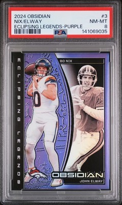 2024 PANINI OBSIDIAN ECLIPSING LEGENDS PURPLE #3 BO NIX/JOHN ELWAY 31/50 PSA 8