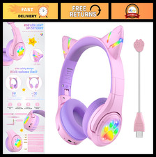 Cat Ear Bluetooth Headphones for Kids - LED Light, 85dB Volume Limit, Mic, Wirel