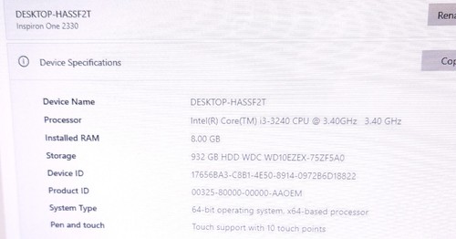 23" Touch Screen Dell INSPIRON ONE 2330 AIO i3-3240 3.40Hz 8GB RAM 1TB WIN10 Hme - Picture 17 of 18
