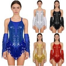 Women Latin Tango Samba Dance Costume Sparkling Fringed Leotard with Gloves Set