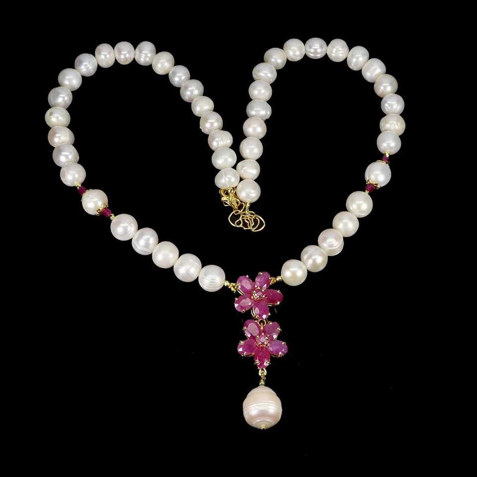925 Sterling Silver Necklace Oval Ruby 7x5mm Pearl Natural Gemstone Jewelry 17.5 - Image 2 of 4