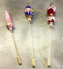 3 x Vintage Murano Venetian Art Glass Bead Stick Pin / Hat Pins. 10.5cm Long