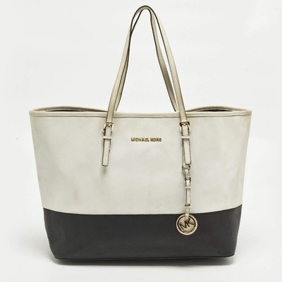 MICHAEL Michael Kors Jet Set Large WhiteBlack Leather Shopper Tote