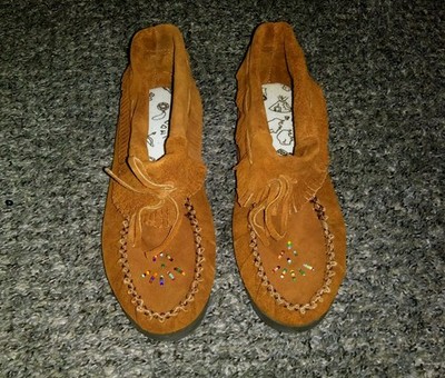 Amimoc moccasins amimoc AMIMOC-CANADA-Grey Suede Moccasins-Beading-Foldover-Double Tie-Sz 8-Near Mint