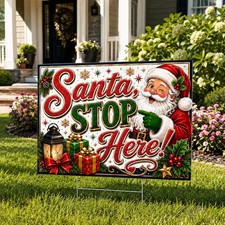 Santa, Stop Here Yard Sign Christmas Holiday Outdoor Decor Metal
