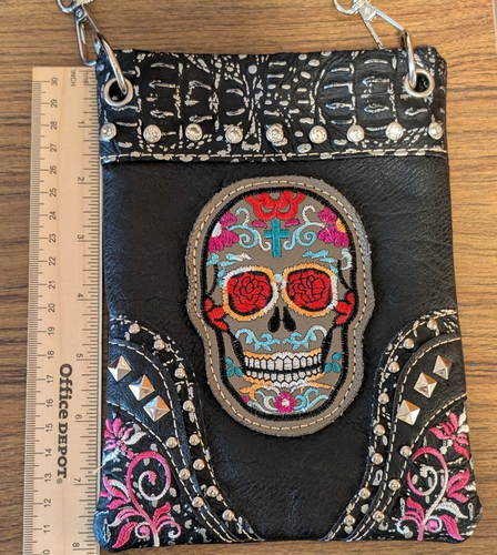Bunte Sugar Skull Day of the Dead Umhängetasche schwarz Leder mit Kette - Bild 9 von 10