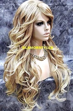 FULL WIG LONG WAVY LAYERED SIDE PART MEDIUM BLONDE MIX #T27.613 HEAT OK NWT