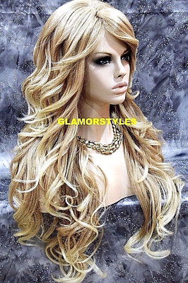 FULL WIG LONG WAVY LAYERED SIDE PART MEDIUM BLONDE MIX #T27.613 HEAT OK NWT