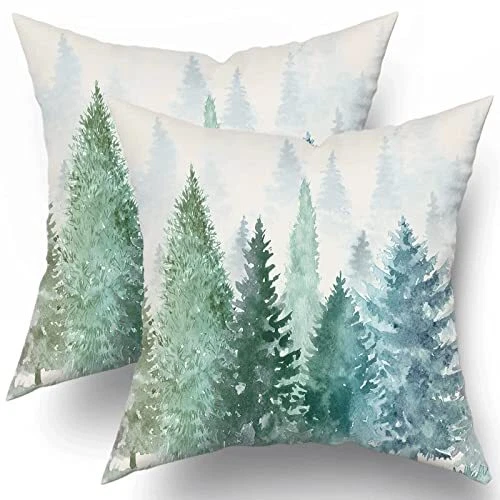 Pine Tree Throw Pillow Covers 18x18 Set of 2 Watercolor Blue Green Cotton Squ...