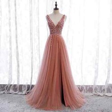 A-Line Women Evening Dresses Floor Length Sequins V-Neck Tulle Prom Party Gowns