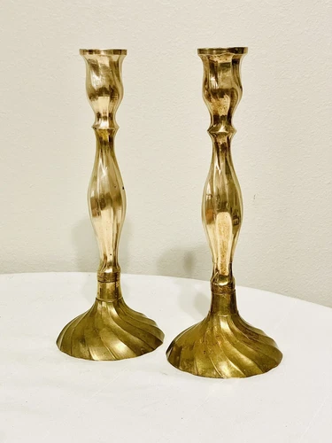 Vintage Pair 12" Tall Spiral Gold Solid Brass Candlestick Holders India