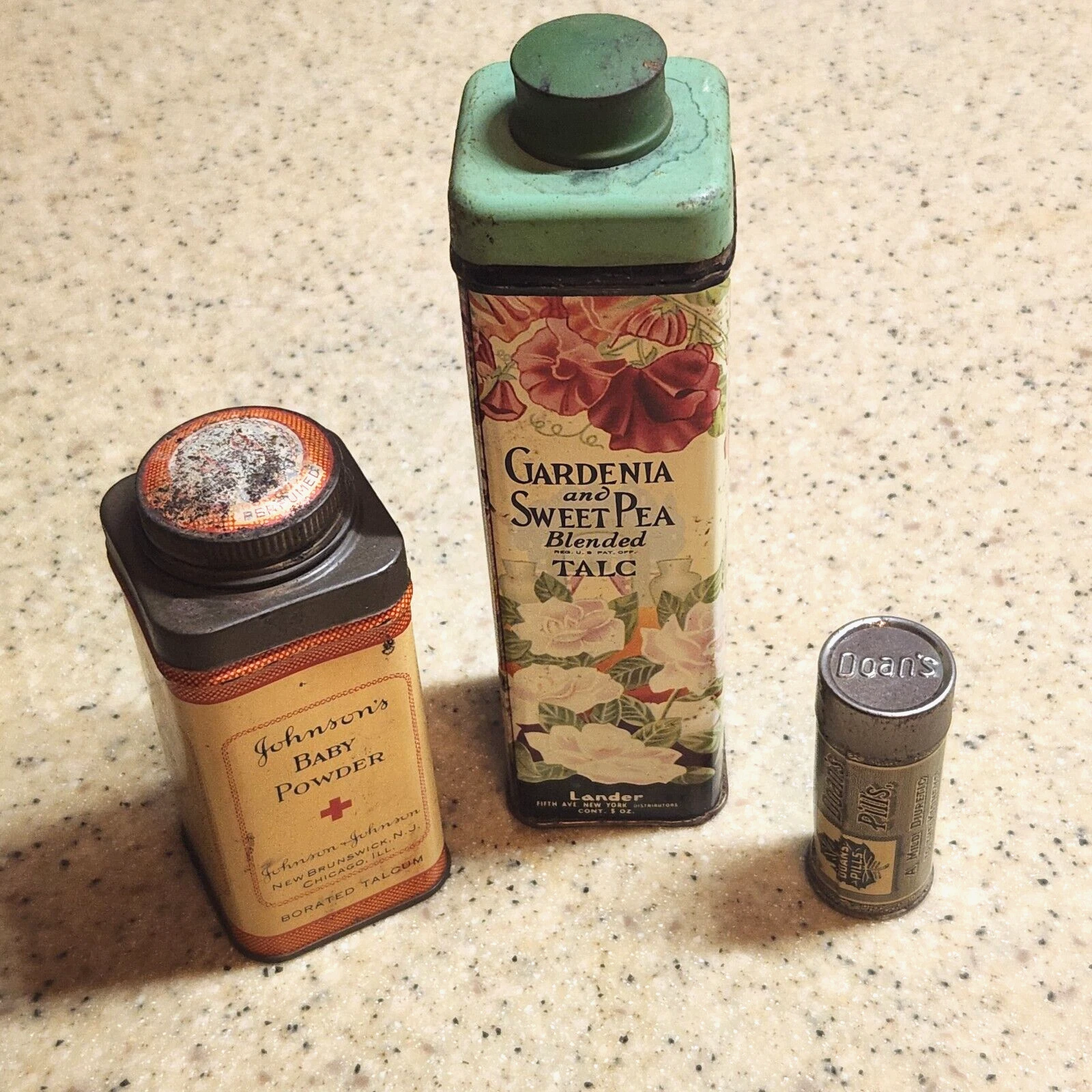 Lot of 3 Vtg Empty Tins Gardenia & Sweet Pea Talc, J&J Baby Powder, Doan's Pills