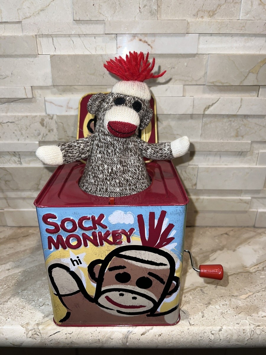 Sock Monkey Jack in the Box Wind Up Tin Toy Musical Box Schylling